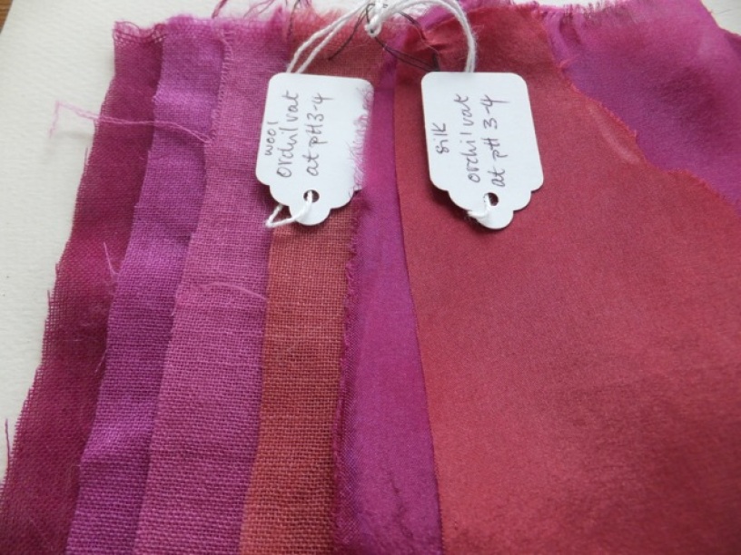 Orchil dyed silk and wool samples