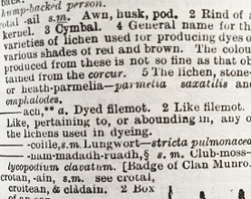Explanation of 'crotal' from Dwelly's Gaelic dictionary. Note the old name for lungwort 'Stricta pulmonacea'